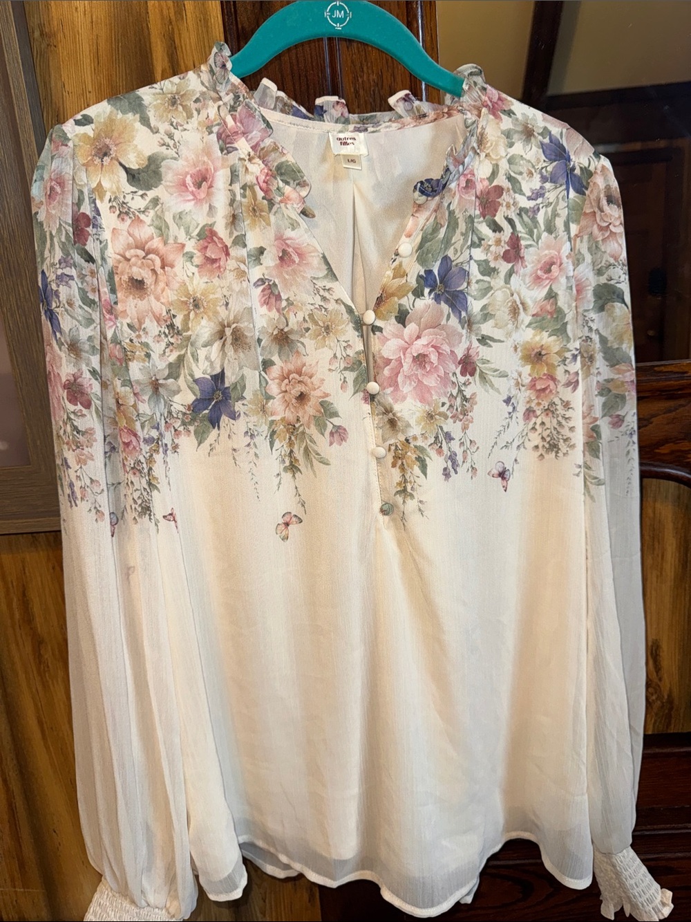 Romantic Floral Ruffle V-Neck Blouse - Cream with Pink & Green Floral